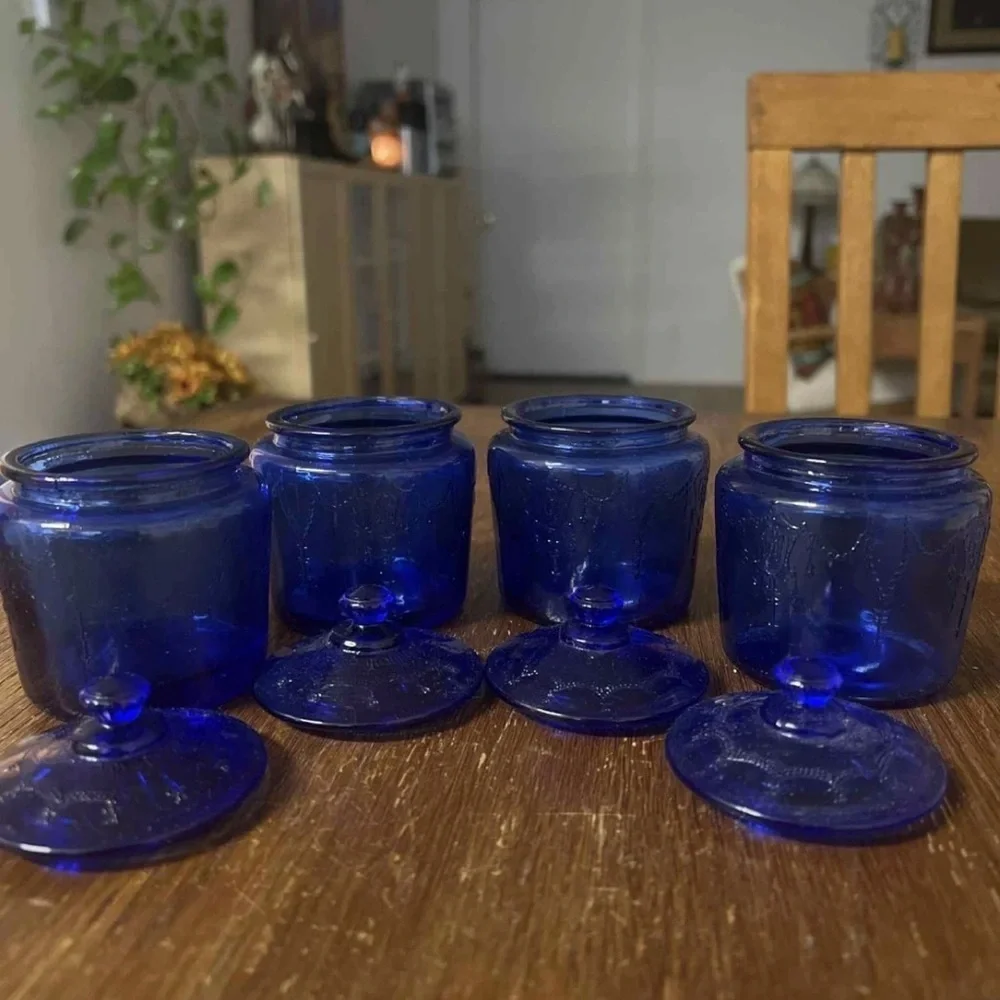 Indiana Glass Cobalt Blue Apothecary Jar Set (4) – Vintage 1960s Colonial Blue